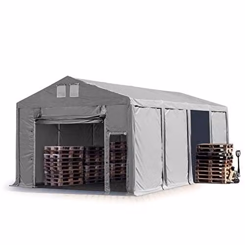 TOOLPORT Opslagtent 5x8 m industrietent in grijs PVC, 850 N, 100% waterdicht met 3m zijwandhoogte en ophijsbare deur