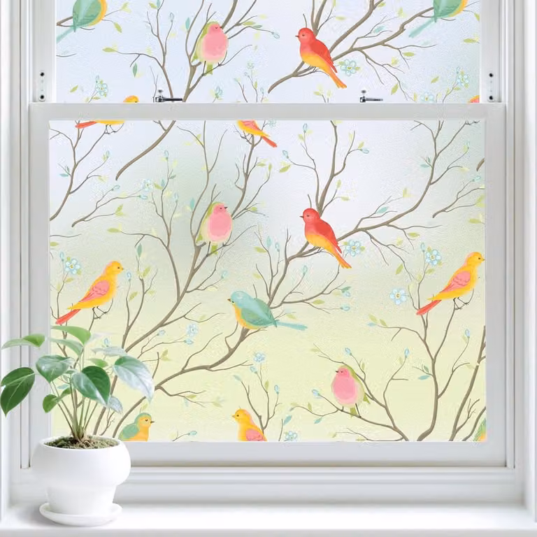Glas-in-lood raamfolie met vogelmotief, ondoorzichtige privacyfolie, zelfklevend, kleurrijke melkglasfolie, 45 x 400 cm