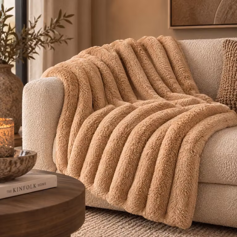 Plaid Hadi Beige Geribbeld Fleece 140 x 170 cm