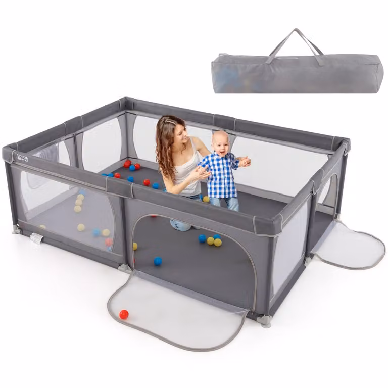 Costway Babyhekje met 50 ballen, ademend gaas en ritssluiting, donkergrijs, 206 x 147 cm