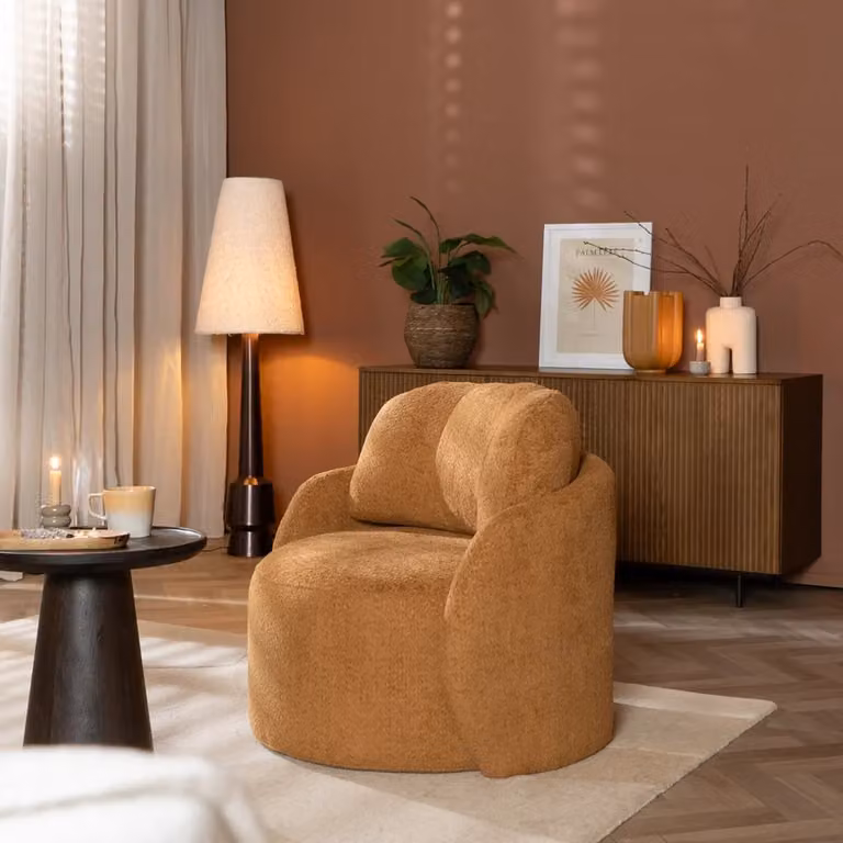 Scandinavische Fauteuil Nino met boucle stof in terracotta orange