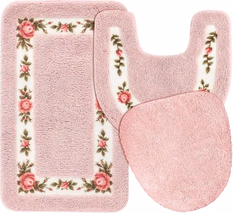 Roze Badkamertapijt Set met Bloemen – 3-Delige Antislip en Absorberende Badmat en Toiletdekselhoes