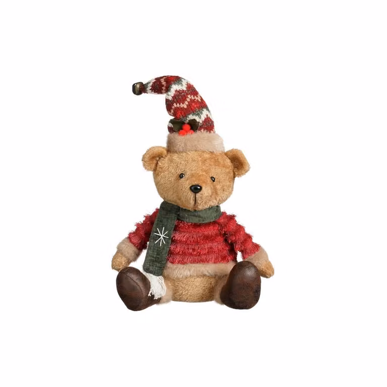 Pluche decoratiebeer rood en bruin met kerstthema, Hoogte: 23 cm