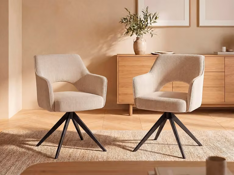 Set van 6 draaistoelen met armleuningen van ribfluweel en metaal - Beige/Wit - Vente-unique