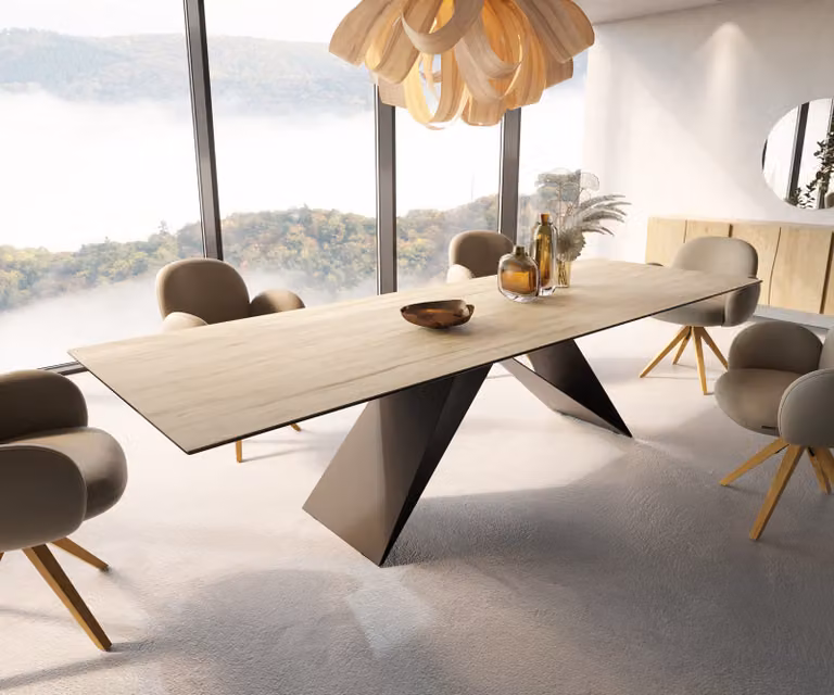 DELIFE Eetkamertafel Edge uitbreidbaar met keramisch blad Sabbia eiken kleur en zwart V-frame B: 300 cm, D: 100 cm, H: 76 cm