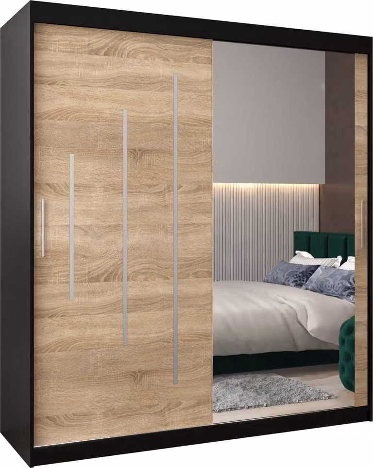 InspireMe MALTESE II 180 Kledingkast met 2 schuifdeuren en spiegel, Zwart Mat + Sonoma Eik, B/D/H: 180 x 62 x 200 cm