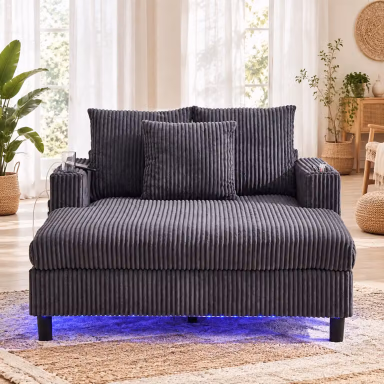 WUVRIE Chaise longue met LED-verlichting, USB-poort en bekerhouders - Donkergrijs - B/D: 142 x 128 cm