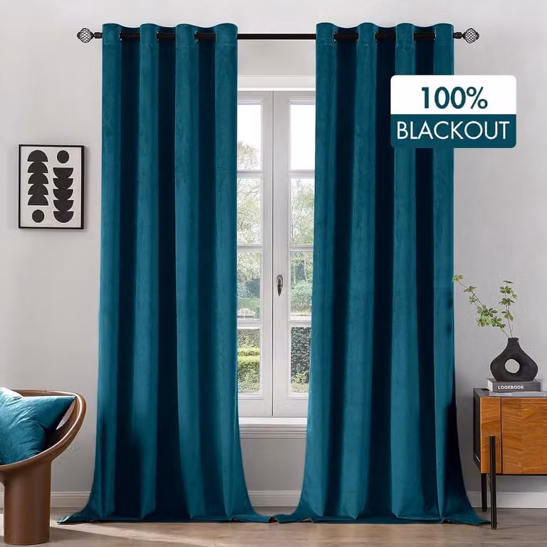 Set van 2 verduisterende fluwelen gordijnen met inslagringen, thermisch isolerend en geluiddempend, Petrol/Blauw, B: 140 cm, H: 225 cm