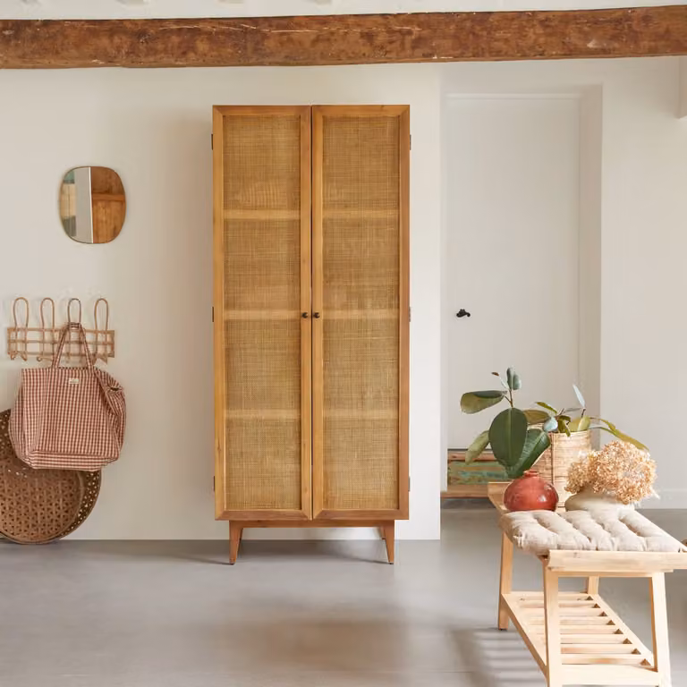 Tikamoon Opbergkast van grenenhout en rotan vlechtwerk - Beige - B/D/H: 85 x 55 x 200 cm
