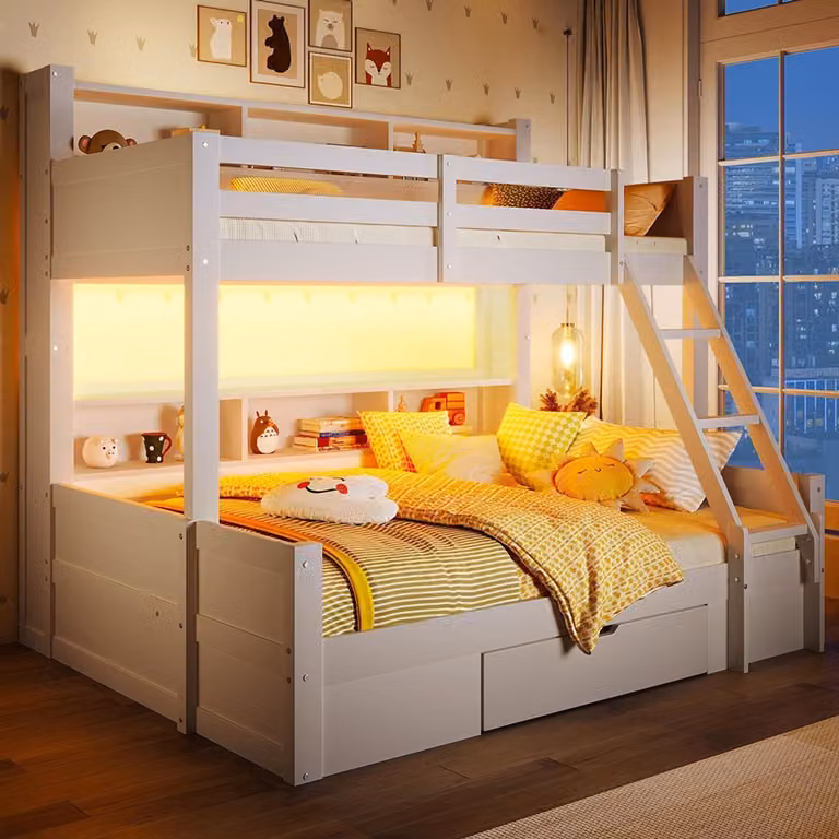 Komhtom Stapelbed met ladder, bedhekken, lade en LED-lichtstrip, wit, B/D/H: 90 x 200 cm + 140 x 200 cm