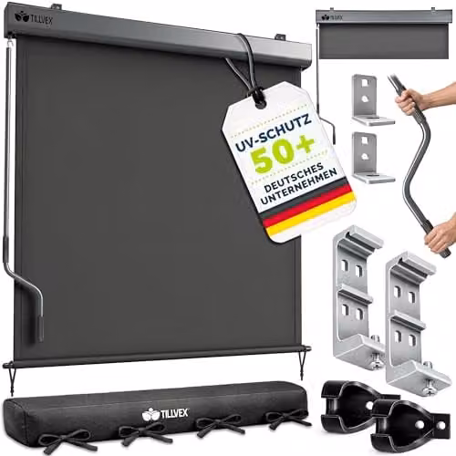 Tillvex Verticale zonwering met afdekking voor binnen en buiten, waterdicht buitenrolgordijn met handslinger voor balkon, terras en tuin, aluminium, 160 x 250 cm