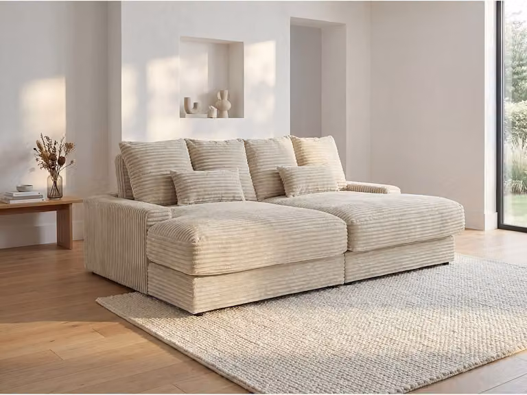 CALAZO Comfortabele driezitsbank in beige ribfluweel met diepe zitting, B/D/H: 232 x 128 x 85 cm