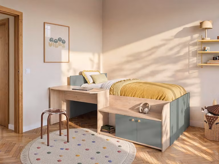 Mivona Gecombineerd bed met bedbodem en opbergbox, naturel en groen, 90 x 200 cm