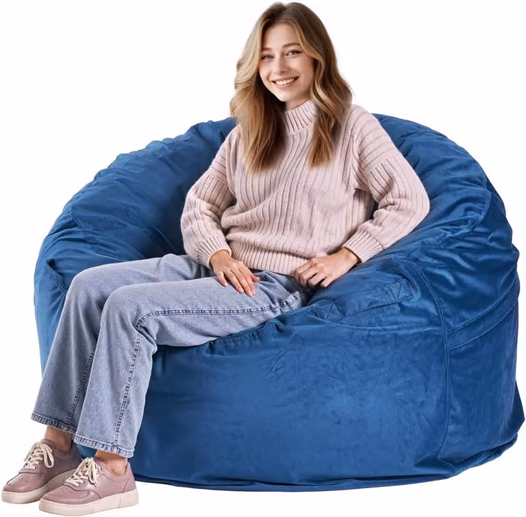 Ronde Zitzak Blauw met Afneembare Wasbare Hoes - B/D/H: 116,8 x 116,8 x 63,5 cm