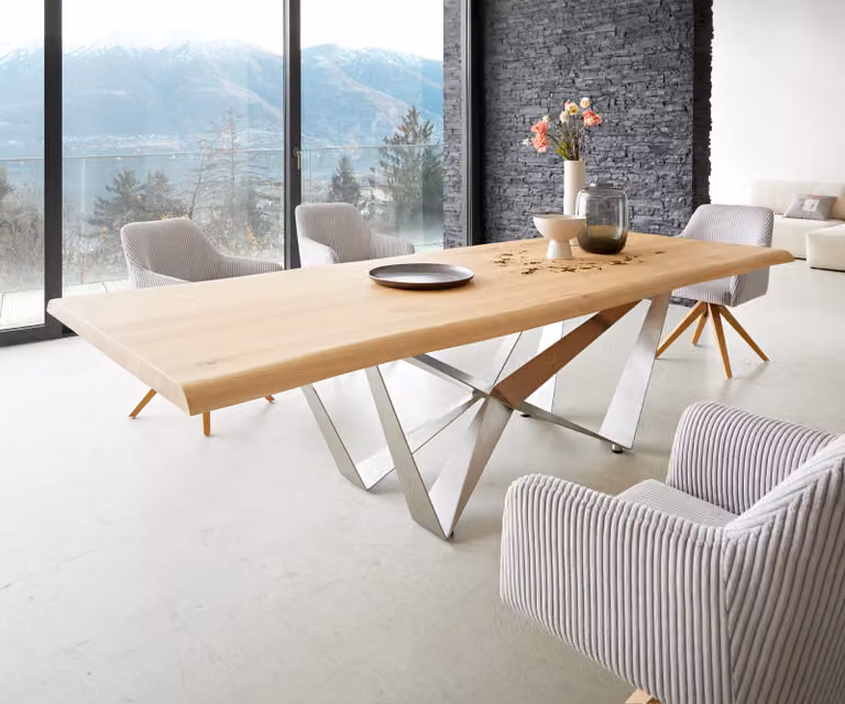 DELIFE Eettafel Edge Live-Edge Eikenhout met Spider Staal Onderstel, Bruin/Zilver, B: 260 cm, D: 100 cm, H: 75 cm