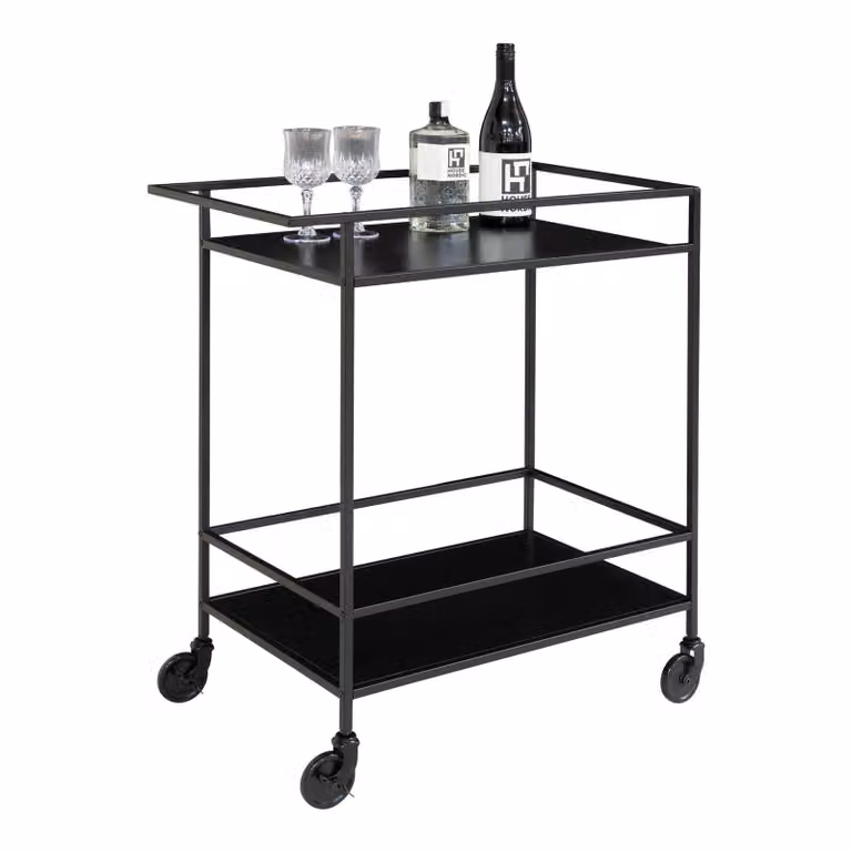 QUVIO Serveerwagen Gothenburg Zwart - Staal en Spaanplaat - 2 Planken - H: 79 cm, B: 40 cm, D: 68 cm