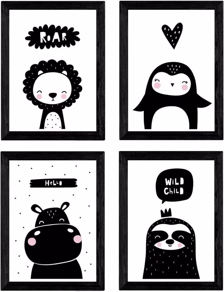 Set van 4 A4 Posters met Dieren: Nijlpaard, Pinguïn, Leeuw en Zeehond - Ingelijste Kunst voor de Kinderkamer