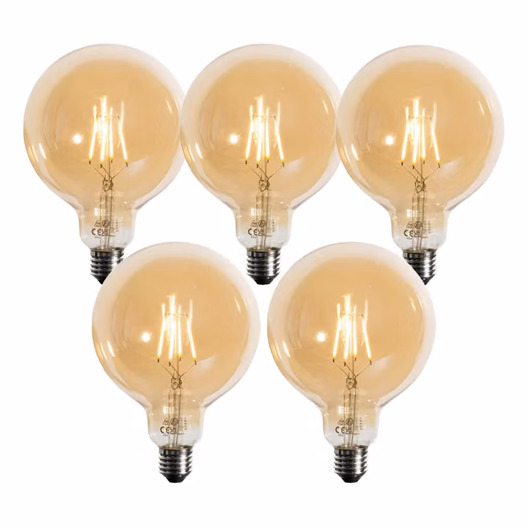Set van 5 LUEDD G125 LED Globe lampen, E27, Goud/Messing, 4W, 450 lm, 2700K Warm Wit, 3-staps dimbaar