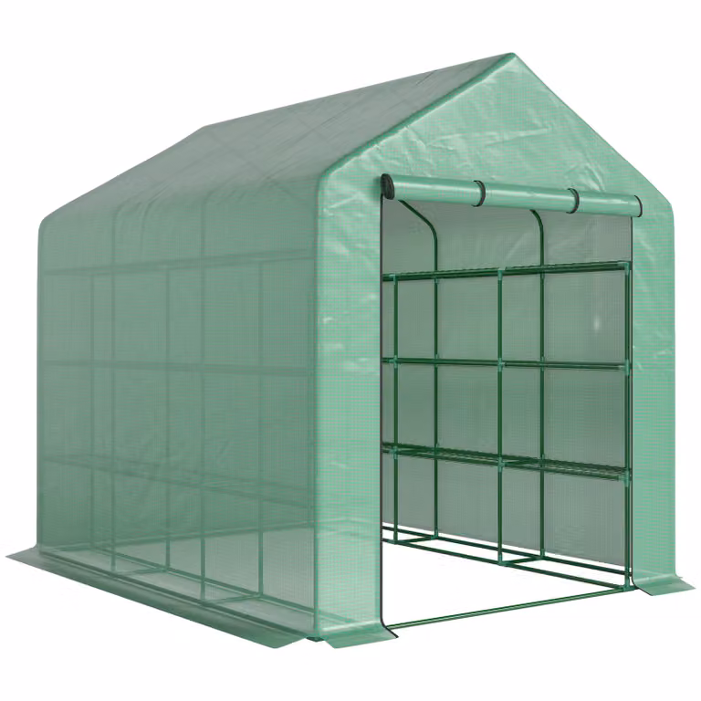Outsunny Foliekas Tunnelkas met Planken voor het kweken van planten en groenten, Stalen Frame en PE Hoes, B/D/H: 244 x 180 x 210 cm