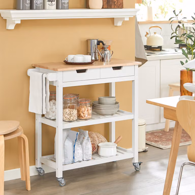 SoBuy Keukentrolley met 2 lades en 2 plateaus, Serveerwagen, Mobiele keukenkast, Wit, B/H/D: 85 x 90 x 39 cm