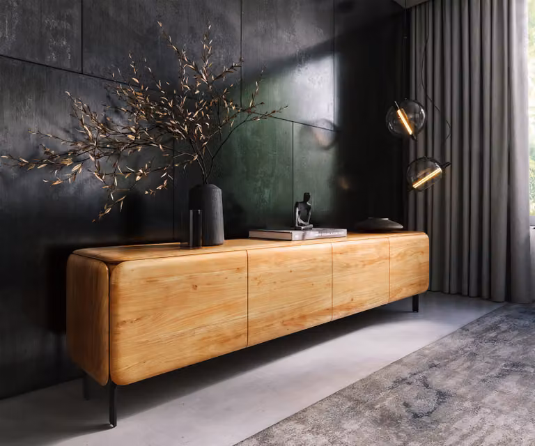 DELIFE TV-meubel Shavani modern met 4 deuren, acacia hout en zwart metaal, B: 220 cm, D: 40 cm, H: 73 cm