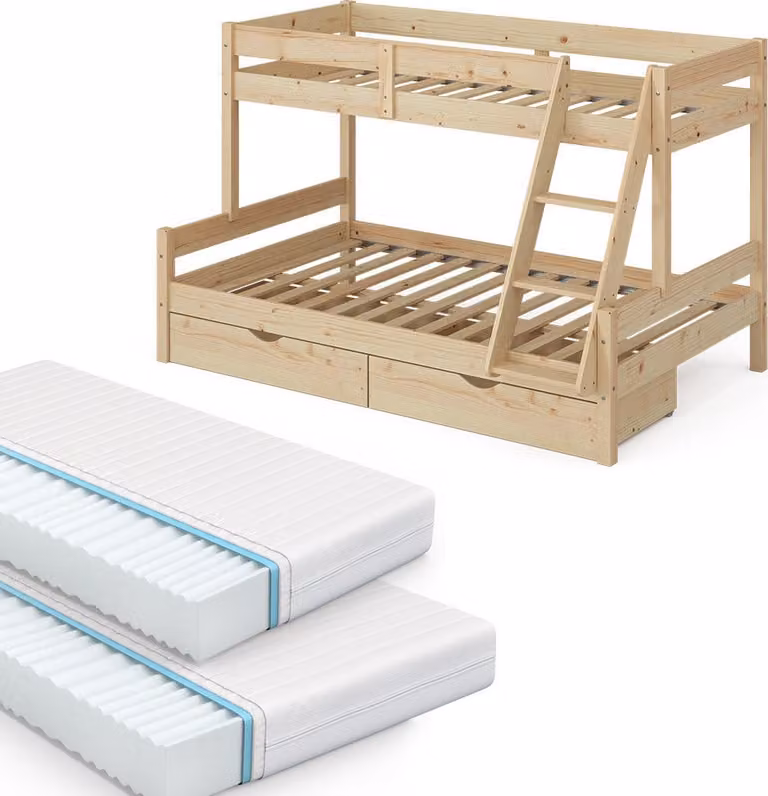 Vitalispa Everest Stapelbed van natuurlijk hout met 2 matrassen en 2 laden, B/D: 120 x 200 cm en 80 x 200 cm