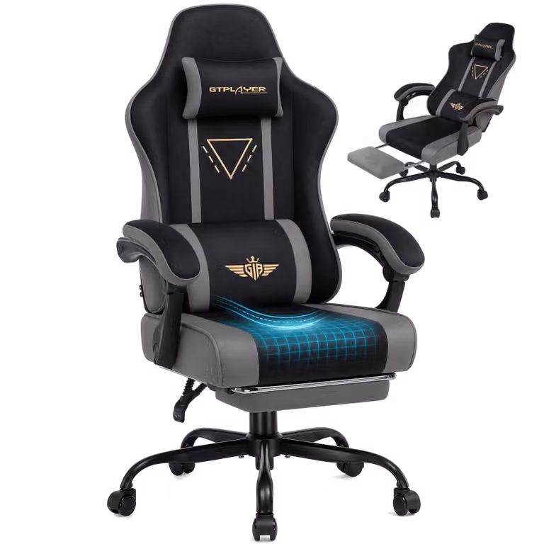 GTPLAYER Gaming stoel met stoffen bekleding, ergonomische fauteuil met veren kussen, voetsteun en verbonden armleuningen, grijs