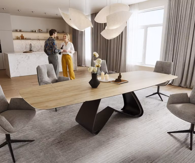 DELIFE Eettafel Edge Boot uitschuifbaar met keramisch blad Laminam Sabbia Eichefarbig en zwart W-onderstel