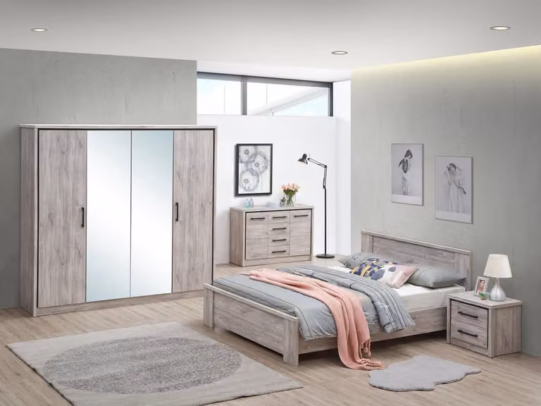 Belfurn Elias 4-delige slaapkamer set voor 2 personen in grijze eik met 4-deurs kledingkast en bed van 160 x 200 cm