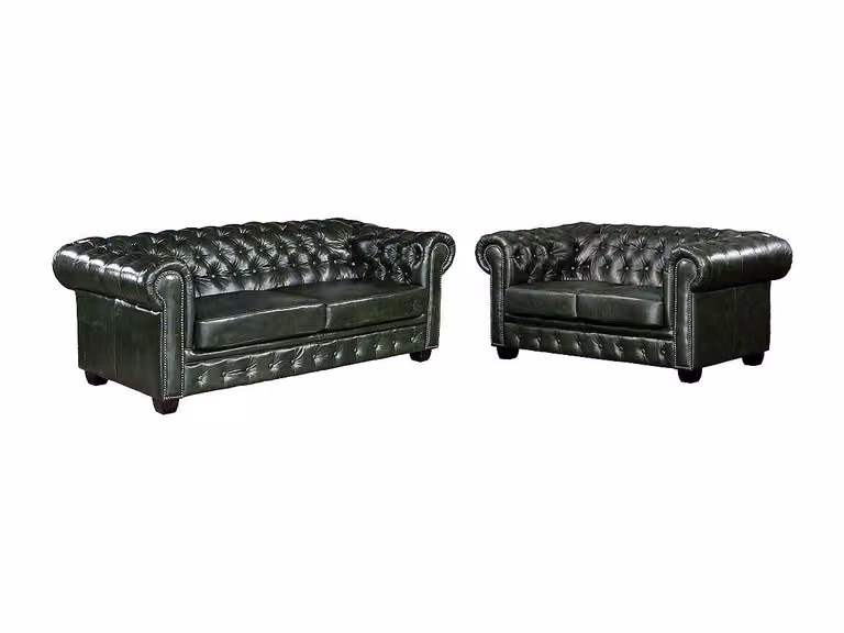 Chesterfield BRENTON driezits- en tweezitsbank van 100% buffelleer in empire groen