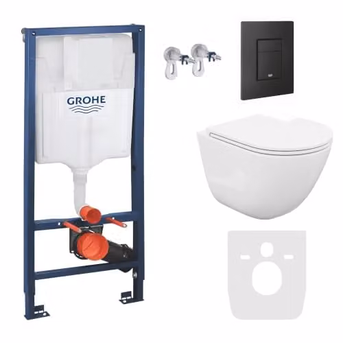 LAVITA Complete toiletset met Solido voorwandelement, Mondo wandhangtoilet wit, spoelrandloos, SoftClose wc-bril en zwarte drukknop