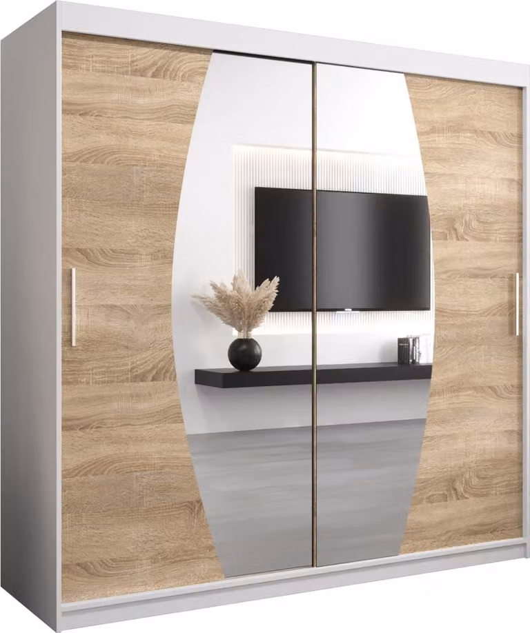 InspireMe GLOBE 200 Kledingkast met 2 schuifdeuren en spiegel, Wit Mat + Sonoma Eik, B/D/H: 200 x 62 x 200 cm