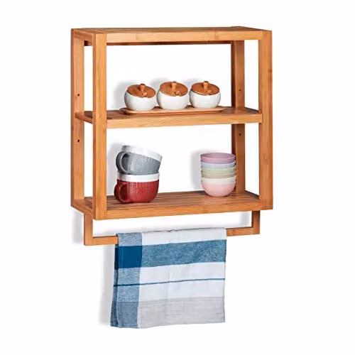 Relaxdays Wandrek Bamboe met 3 Etages en Handdoekenstang, Bruin, H 58,5 x B 52 x D 21 cm