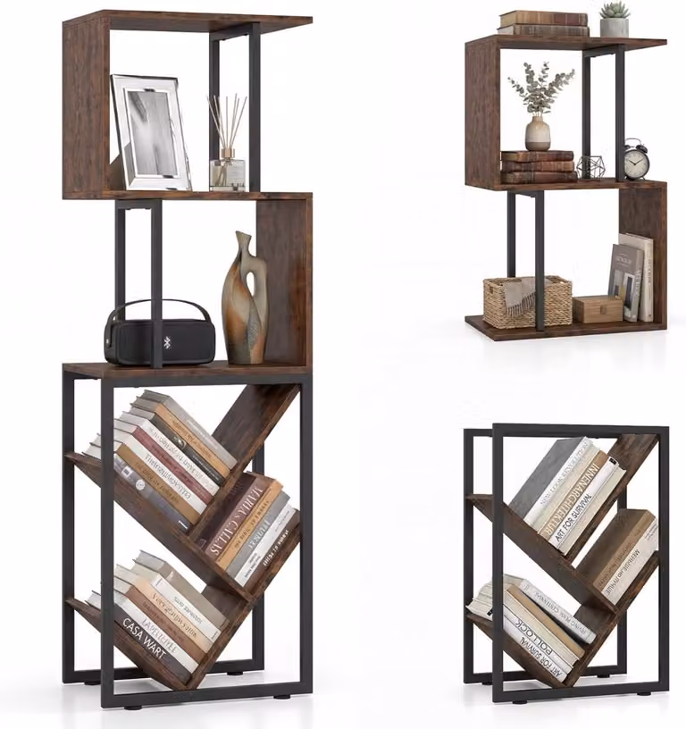 SureDeal® Zesdelige Stellingkast met Geometrisch Ontwerp en Metalen Opbergplanken, Koffiebruin, B: 39,5 cm, D: 25 cm, H: 122 cm