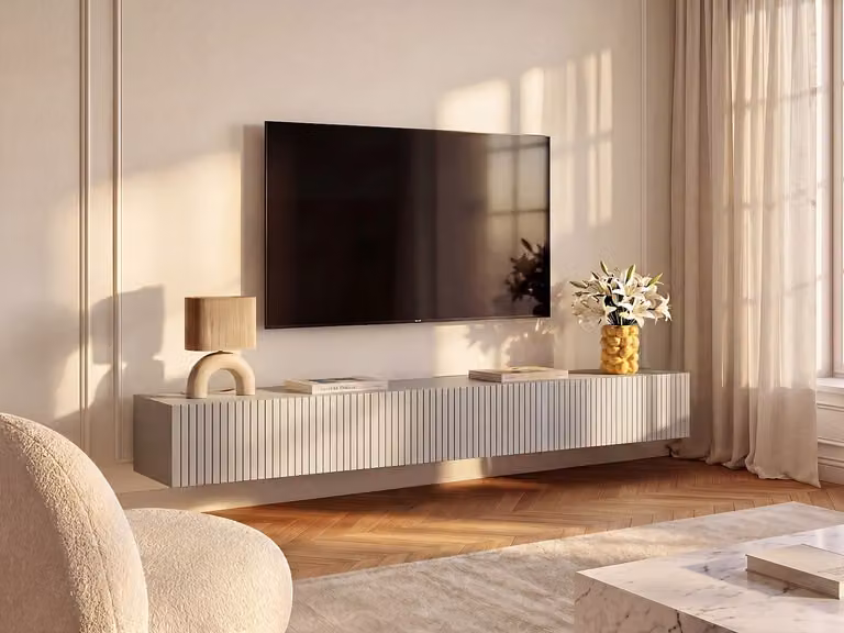 DANTAY Zwevend tv-meubel met 3 deurtjes - Beige - B: 200 cm, H: 32 cm, D: 25 cm