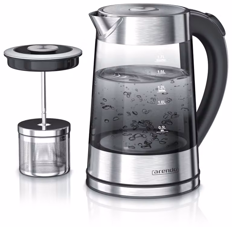 Arendo RVS waterkoker met glazen behuizing, rookglas theepot en infuser, 1,7 liter
