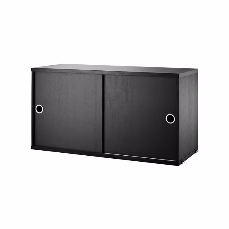 String kast met schuifdeur van essenhout in zwarte beits, B: 78 cm, D: 30 cm