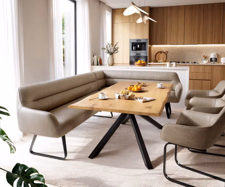 DELIFE Taya-Flex Eetkamerbank L-vormig, Beige Microvezel, Zwart Metalen Frame, Rechts, B: 282 cm, D: 190 cm, H: 87 cm