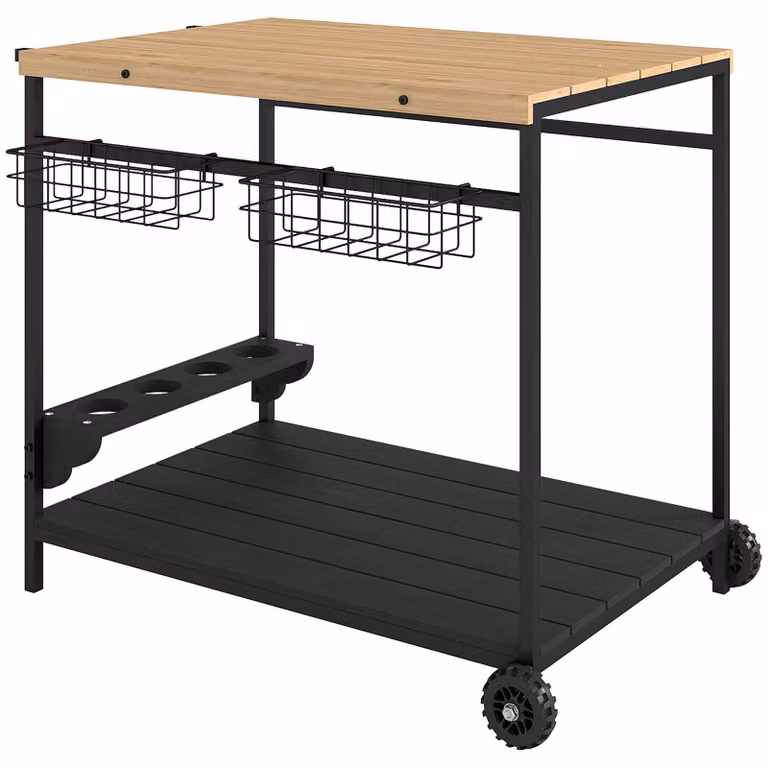 Outsunny Serveerwagen Barbecue Trolley met 2 Niveaus, Natuurlijk