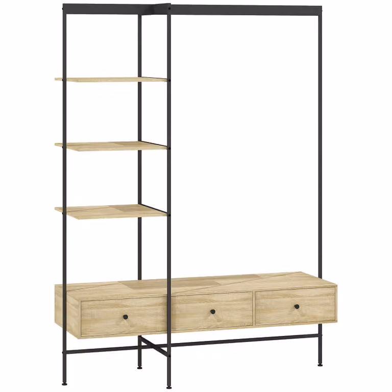 HOMCOM Kapstok met planken, lades en kledingstang, vrijstaande garderobe in moderne stijl met metalen frame, Eiken