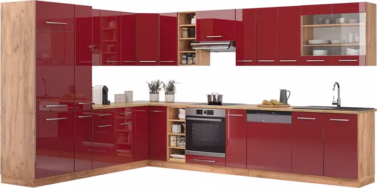Vicco Fame-Line Hoekkeuken Bordeauxrood hoogglans en Goudkleurig Eiken, Model 47339, 347 x 257 cm