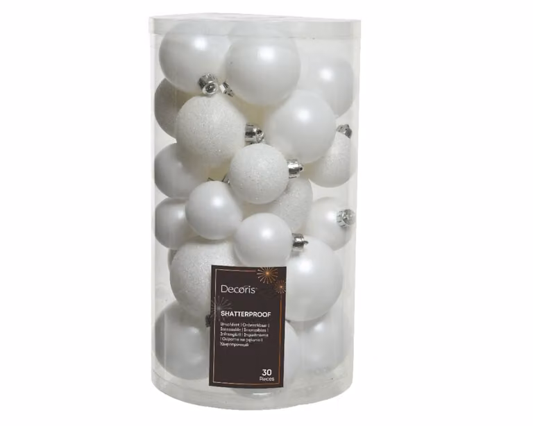 Decoris kerstballen wit, 30 stuks onbreekbare kunststof kerstversiering