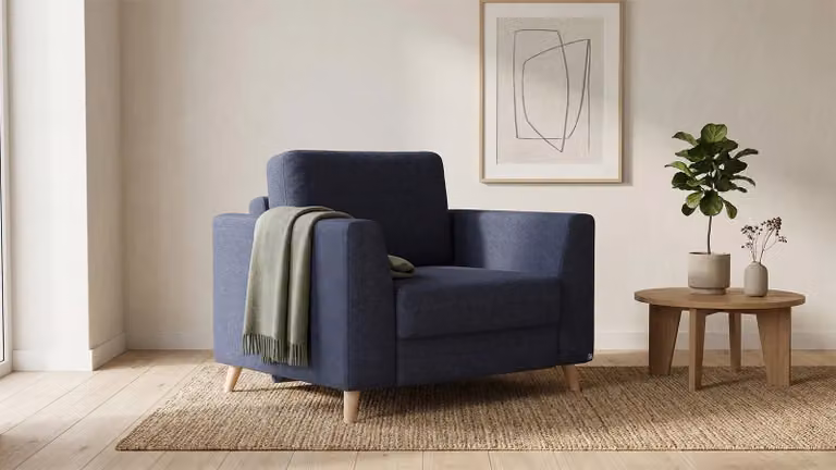 BRUNO slaapstoel blauw met massief houten frame en boxspringcomfort, Breedte: 70 cm