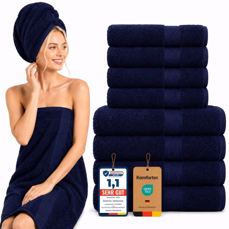 Komfortec Handdoekenset van 8 stuks - 4x Handdoek 50 x 100 cm en 4x Badhanddoek 70 x 140 cm - 100% Katoen - Marineblauw