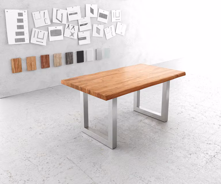 DELIFE Eettafel Edge van acacia hout met live-edge design, Bruin/Zilver, B: 160 cm, D: 90 cm, H: 76,5 cm