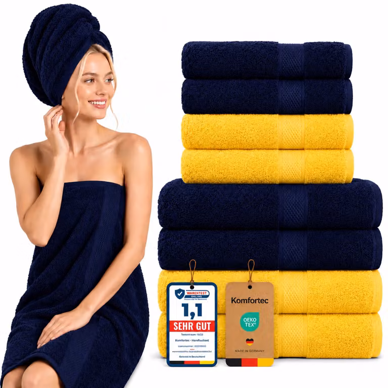 Komfortec Handdoekenset van 8 stuks - 4x Handdoek 50x100 cm en 4x Badhanddoek 70x140 cm - 100% Katoen - Marineblauw & Geel
