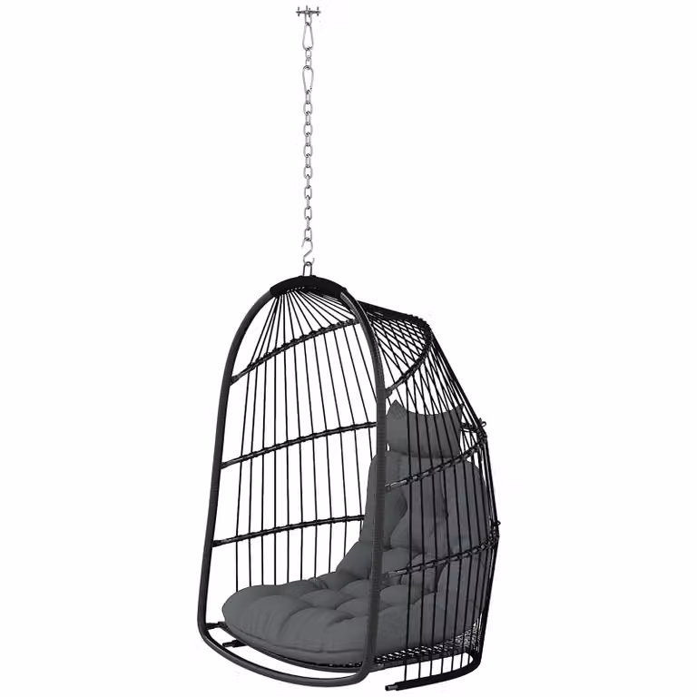 Outsunny Hangstoel Hangkorf met Kussen van Polyrattan, Inklapbare Schommel voor Binnen en Buiten, Donkergrijs
