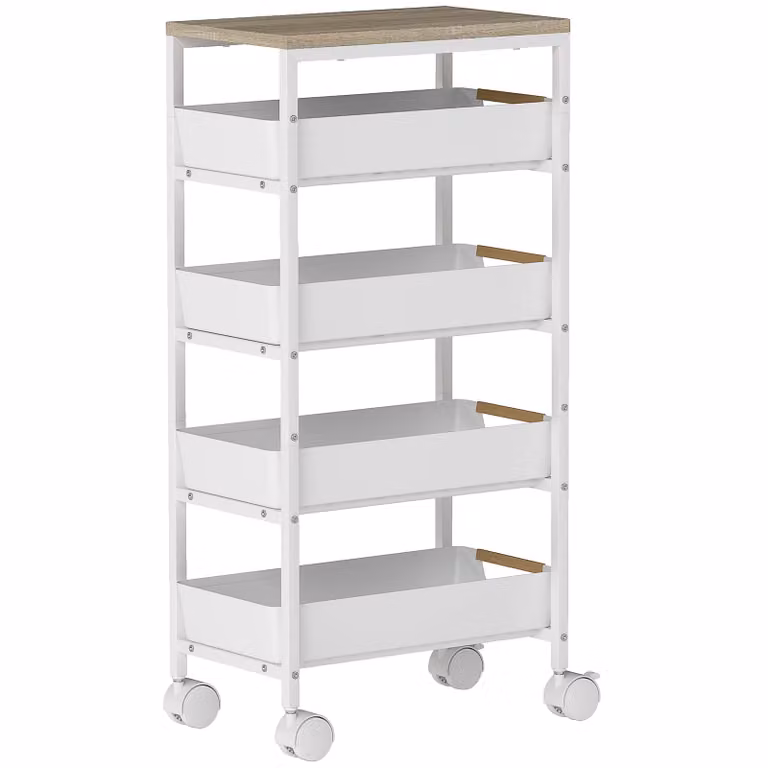HOMCOM 5-laagse Keukentrolley met 4 lades, Houten Uiterlijk en Metalen Frame, Wit