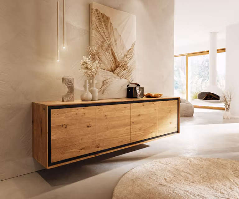 DELIFE Dressoir Stonegrace modern zwevend natuur eiken met steenfineer en geïntegreerde verlichting Breedte: 200 cm