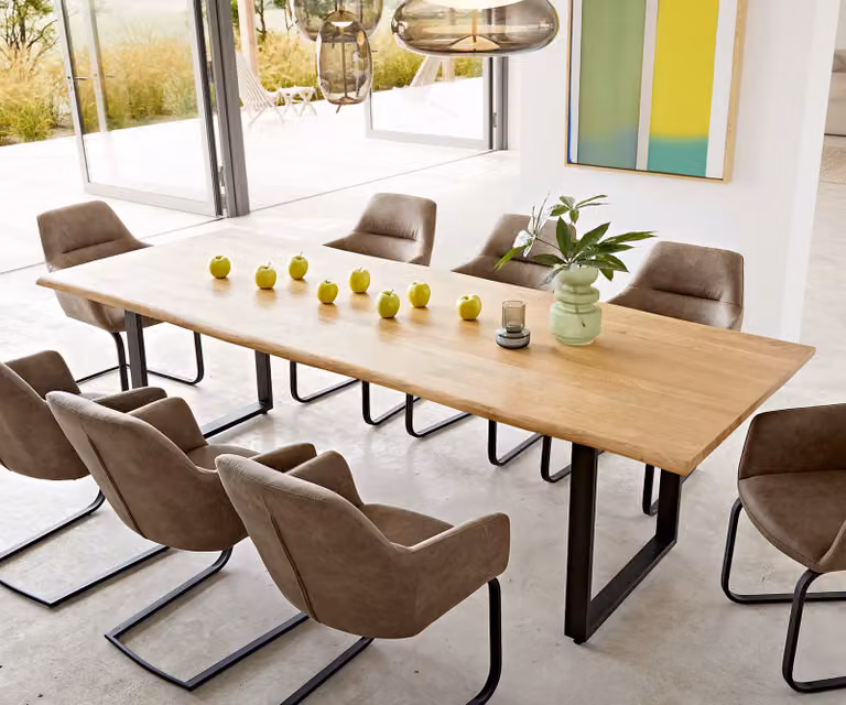 DELIFE Eettafel Edge Live-Edge Eikenhout met Zwart Skid Onderstel, Bruin/Zwart, B: 260 cm, D: 100 cm, H: 73,5 cm